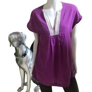 Athleta Embroidered V-Neck Purple Cotton Short Sleeve Shirt Women's Size Small
